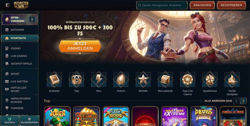 Monsterwin Casino in Deutschland: Echtgeld-Online-Spielautomaten und mehr